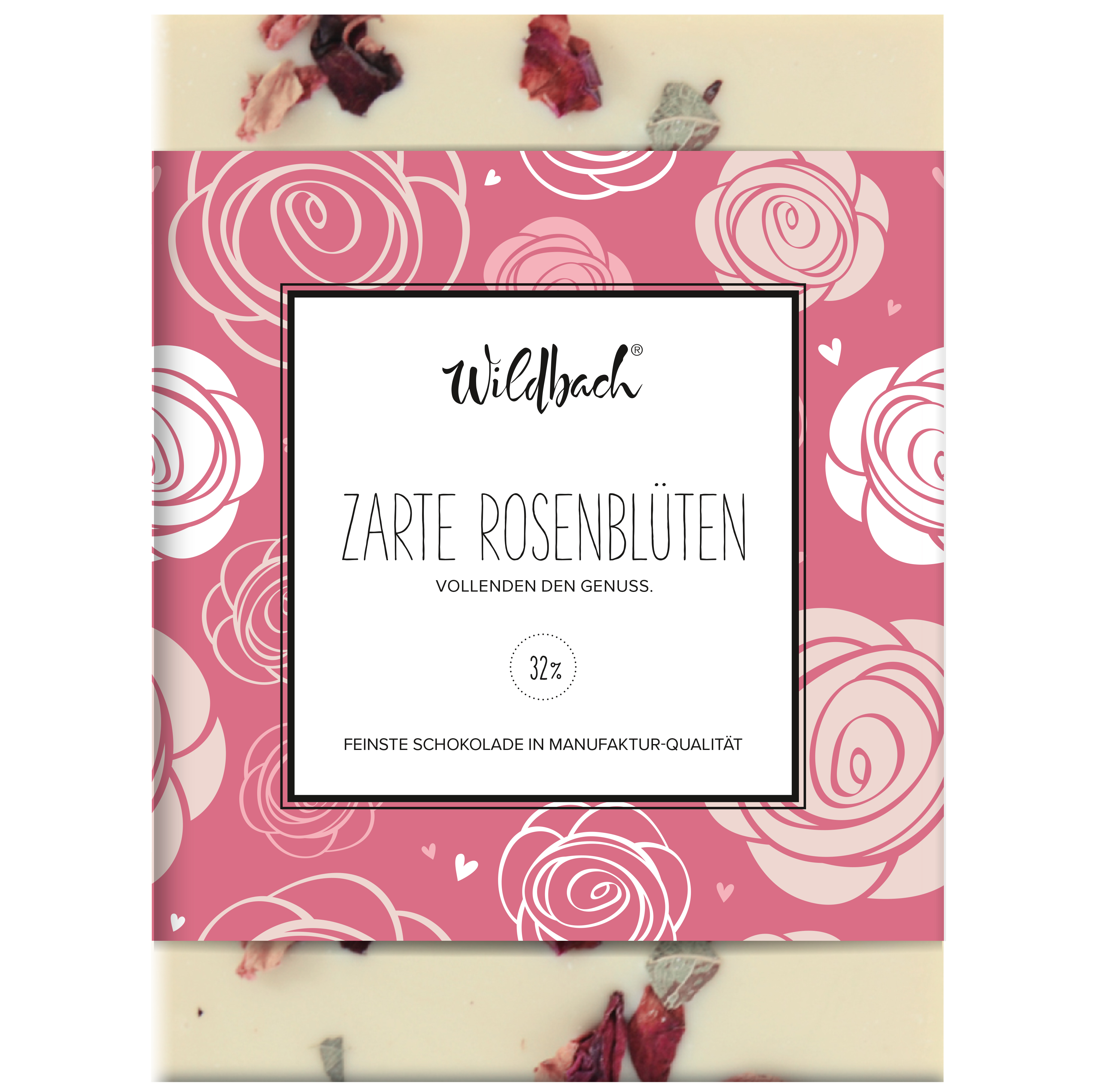 70g Tafel weiße Schokolade 32% mit Rosenblütenblättern